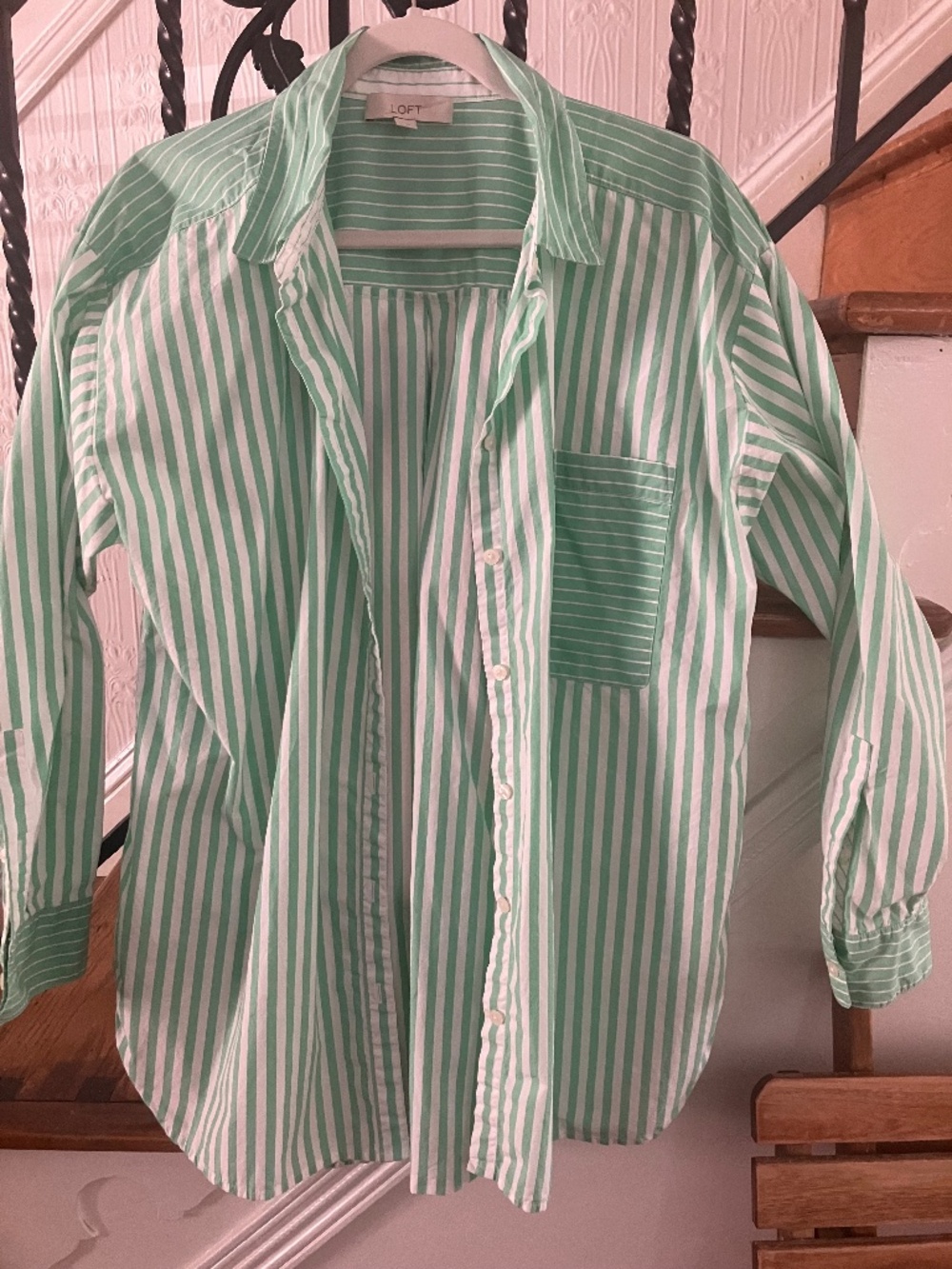 LOFT women’s large L cotton poplin striped green button down shirt top